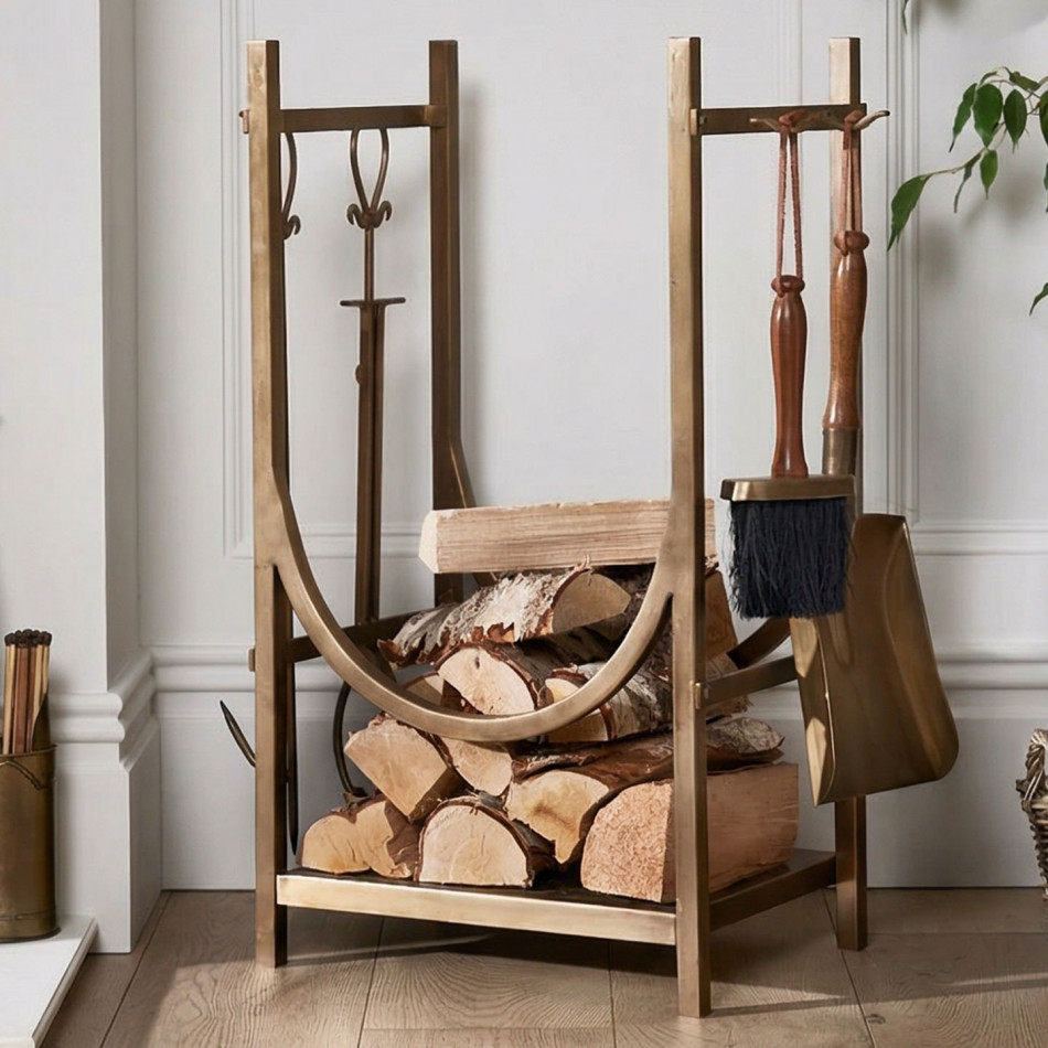 Set 5 Hadley Fireplace Tools & Log Stand - Antique Gold, wall-mounted storage and organisation piece