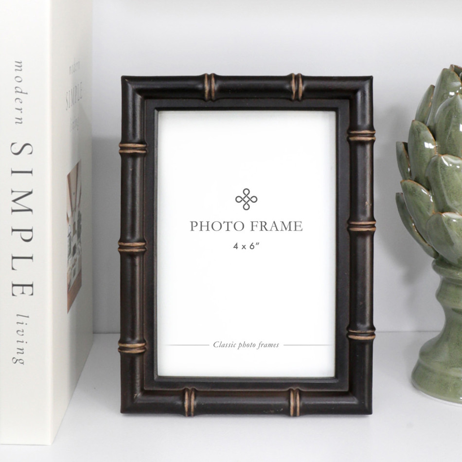 Rectangular black 4x6 photo frame with faux bamboo detailing and antique gold-toned accents