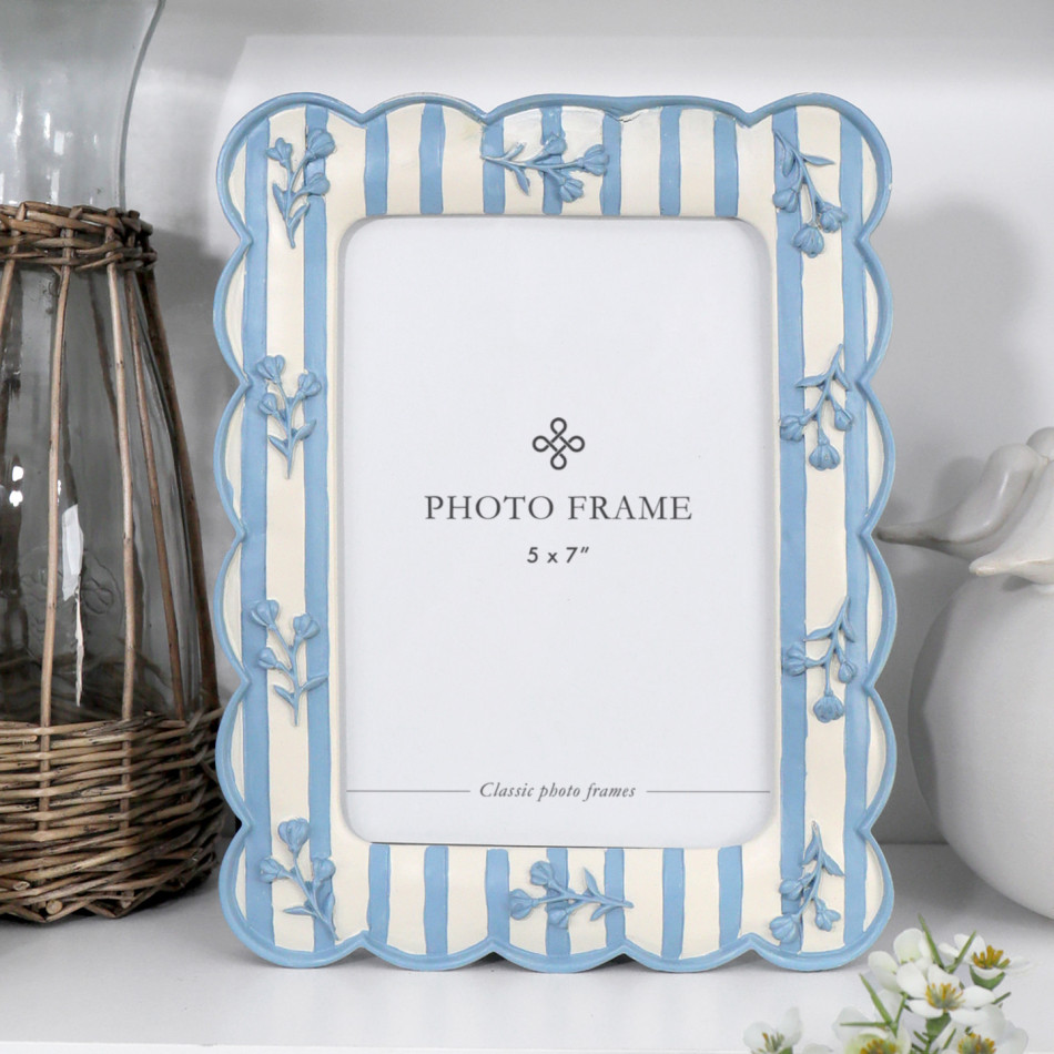 Soft blue and cream striped 5x7 photo frame with scalloped edges and raised bluebell details.
