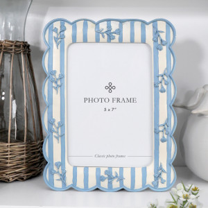 Soft blue and cream striped 5x7 photo frame with scalloped edges and raised bluebell details.