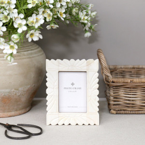 Camille Ivory Carved Photo Frame Mini, a decorative picture frame suited to shelf, tabletop or wall presentation