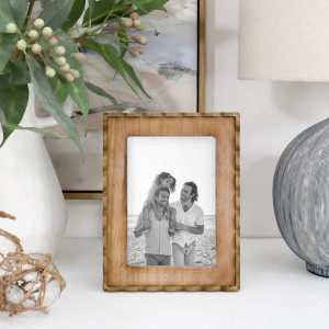 Marielle 5x7 inch wood frame displaying a black-and-white beach portrait beside a white vase and lamp