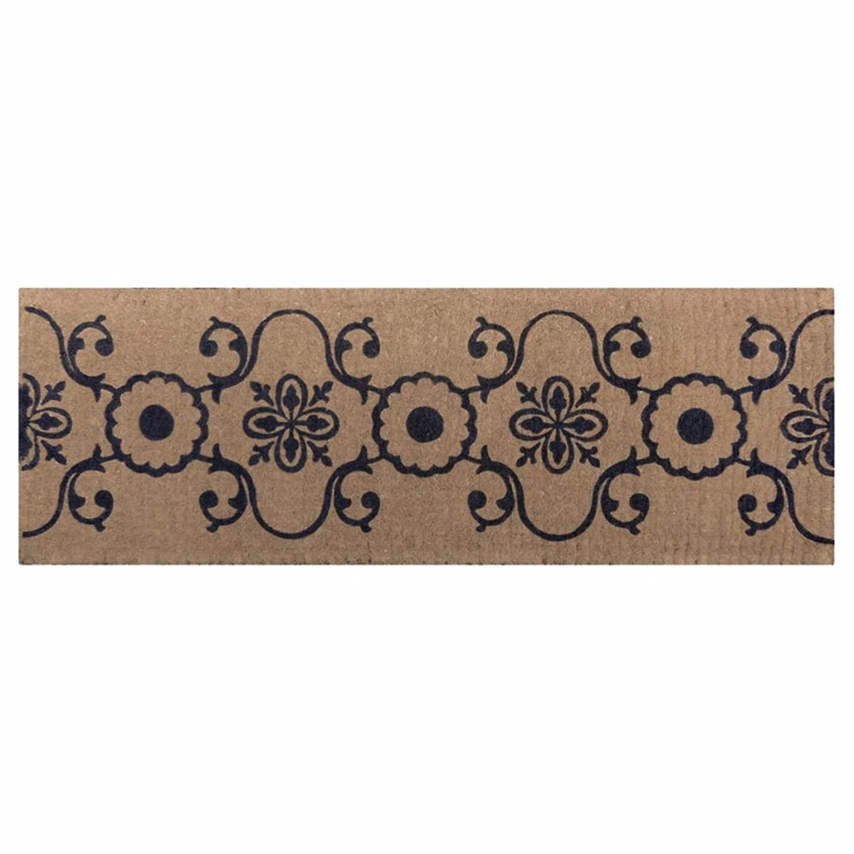 Long natural coir doormat with a repeating blue floral vine pattern