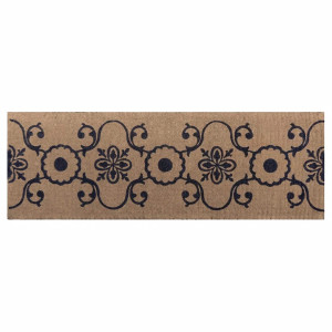 Long natural coir doormat with a repeating blue floral vine pattern