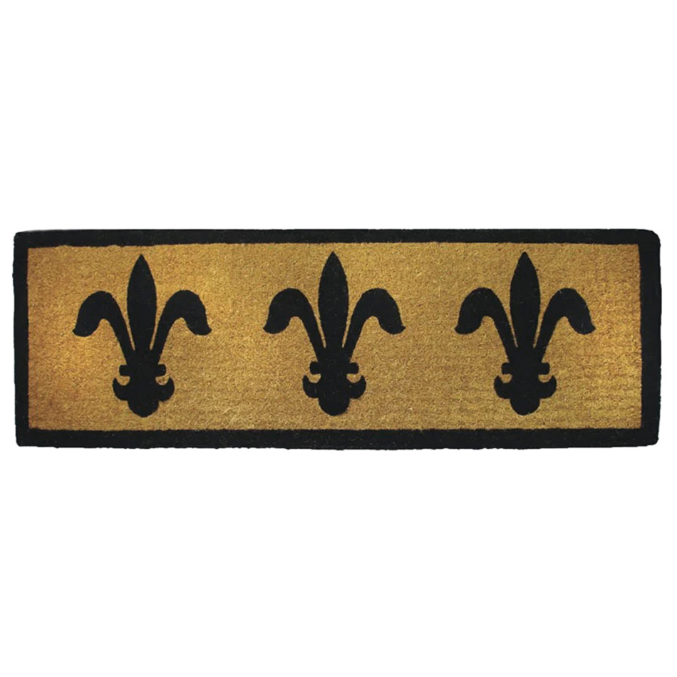 Long natural coir doormat with three black fleur de lys motifs and a black border