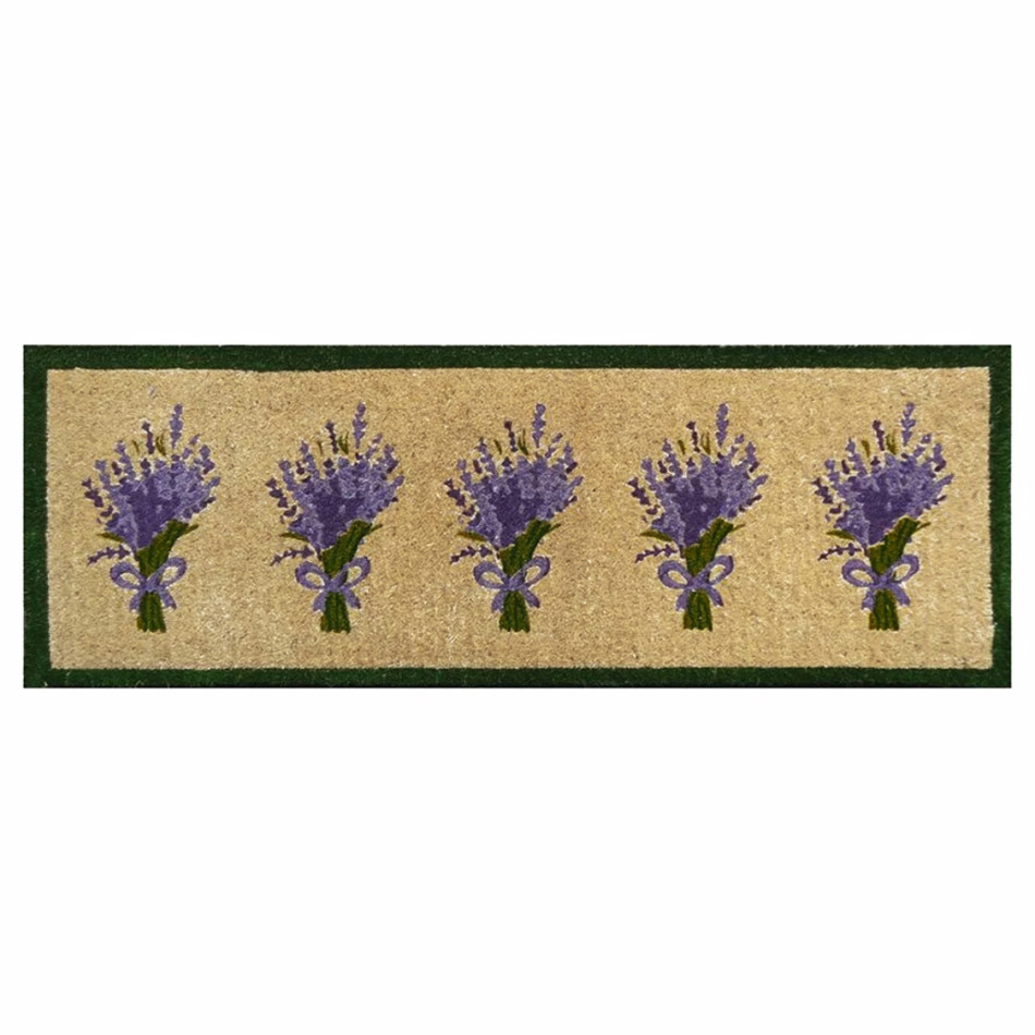Traditional Lavender Long Long natural coir doormat printed with lavender bunches and a green border