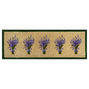 Traditional Lavender Long Long natural coir doormat printed with lavender bunches and a green border