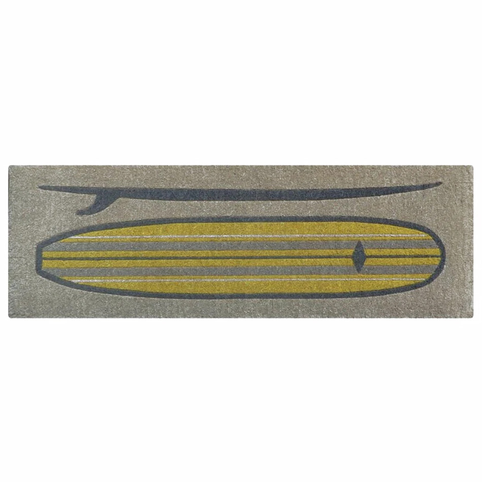 Long natural coir doormat printed with a large yellow surfboard design
