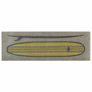 Long natural coir doormat printed with a large yellow surfboard design
