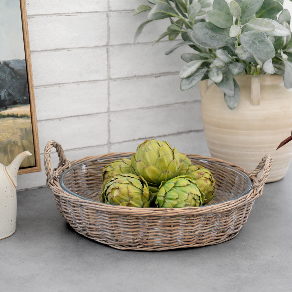 Canterbury Wicker Fruit Bowl with Glass Dish, a tabletop piece for serving or decorative display