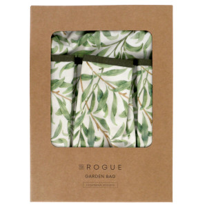 Greenhaven leaf-print garden bag folded inside a brown window box