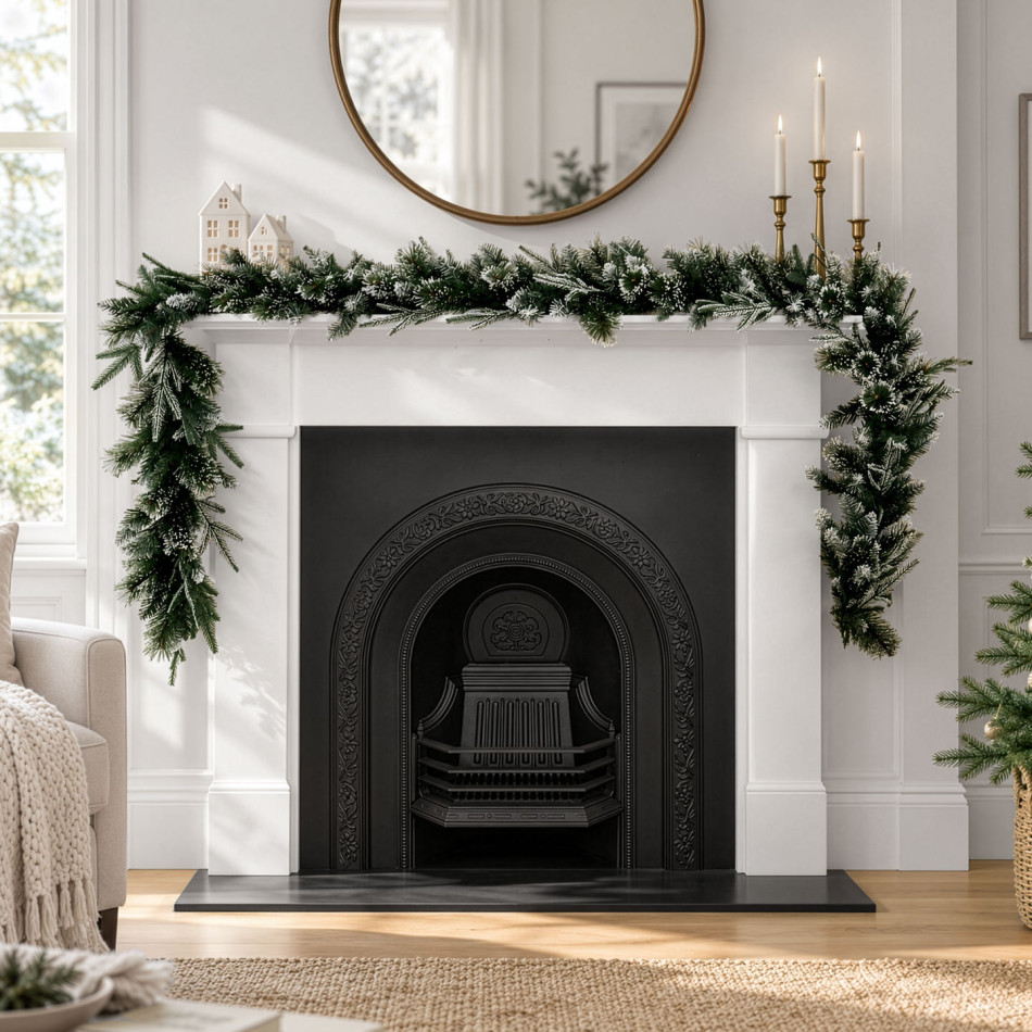 Santa Lucia frosted pine garland framing a white fireplace, styled with decorative houses, gold candlesticks and a round mirror.