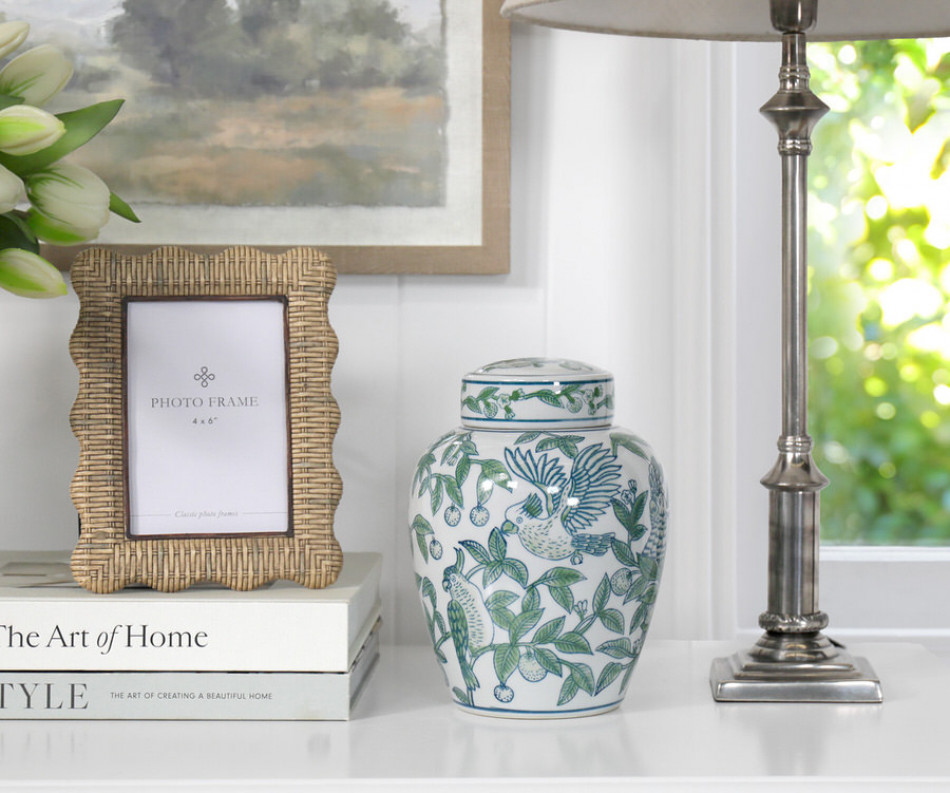 Small Orleans Parrots Green Ginger Jar