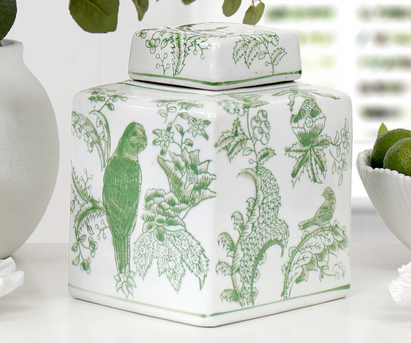 Square Montclair Parrots Green & White Ginger Jar