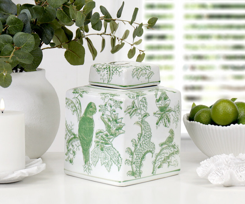 Square Montclair Parrots Green & White Ginger Jar