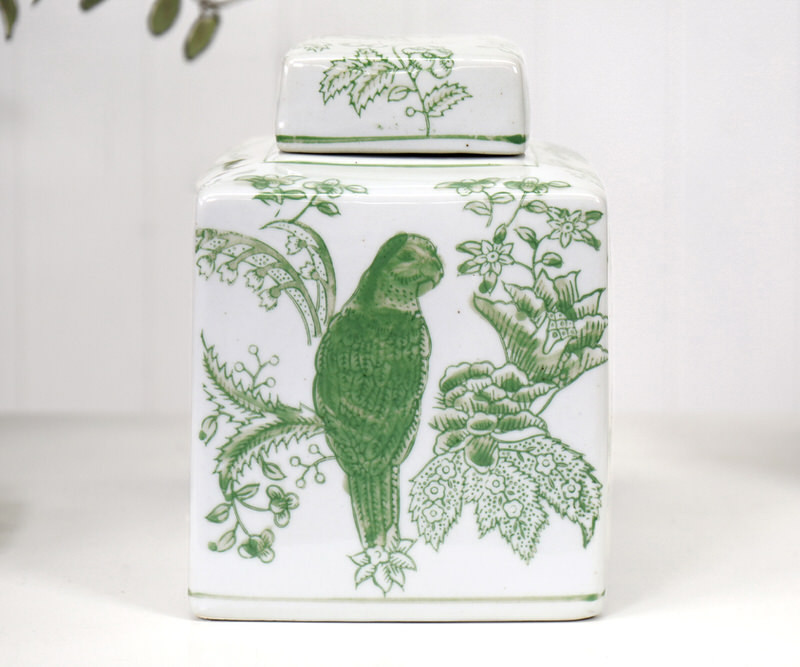 Square Montclair Parrots Green & White Ginger Jar