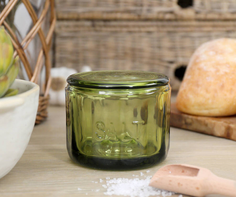 Heritage Green Glass Salt Pot + Scoop