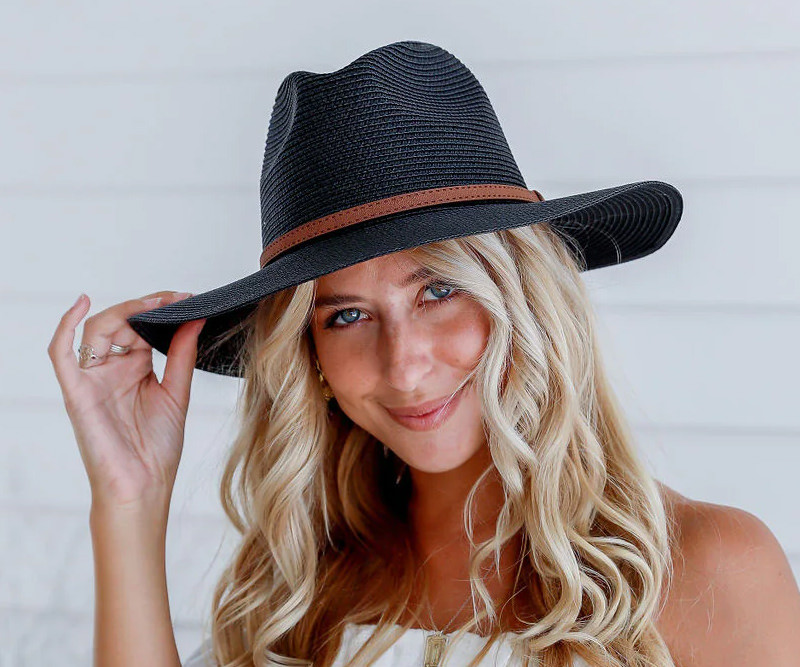 Black Panama Hat - Brown Leather Band