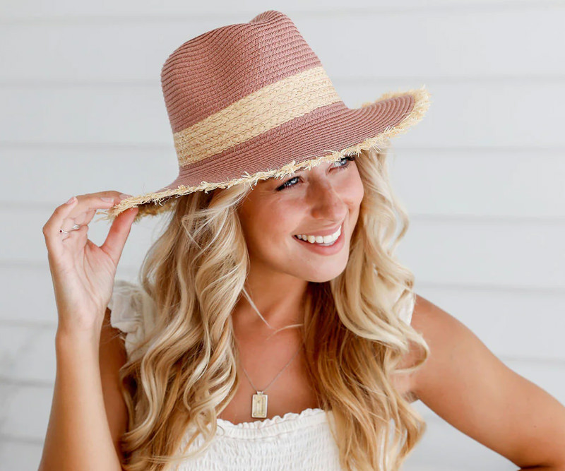 Rose Beachcomber Fedora Hat with Raffia Fringe