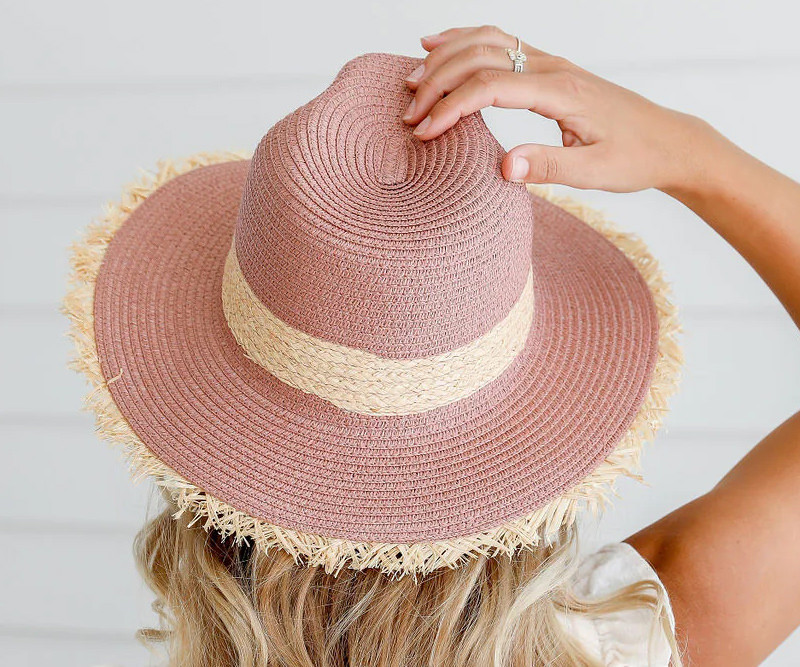 Rose Beachcomber Fedora Hat with Raffia Fringe