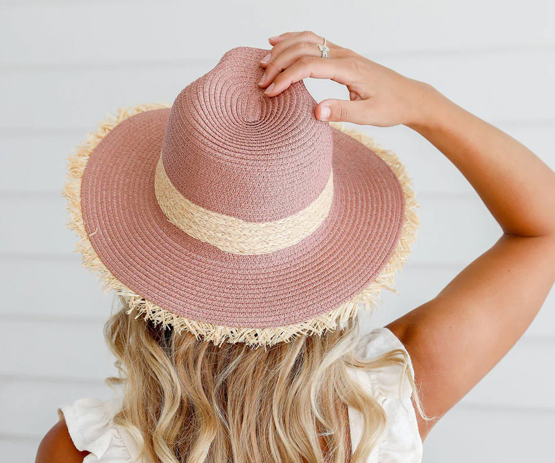 Rose Beachcomber Fedora Hat with Raffia Fringe