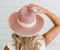 Rose Beachcomber Fedora Hat with Raffia Fringe