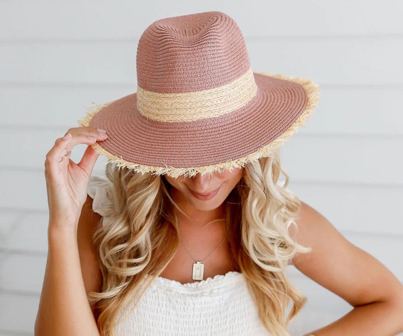 Rose Beachcomber Fedora Hat with Raffia Fringe