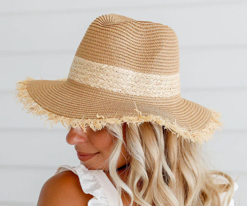 Tan Beachcomber Fedora Hat with Raffia Fringe