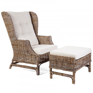 Highbury rattan wingback armchair with matching footstool on a white background