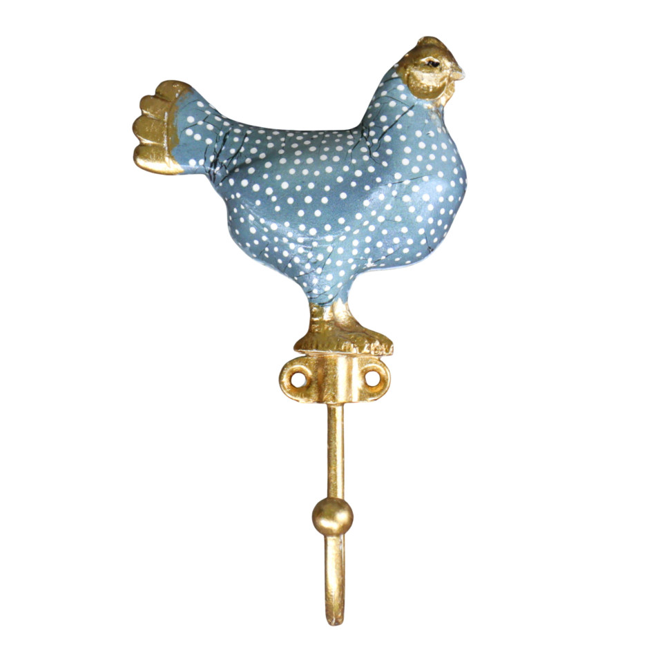 Front product view of the blue polka-dot Maisie chicken wall hook