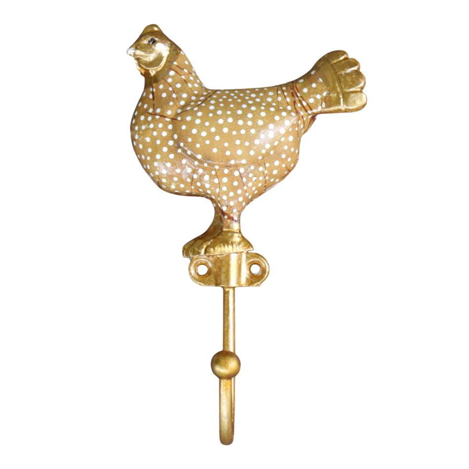 Front product view of the golden yellow polka-dot Maisie chicken wall hook