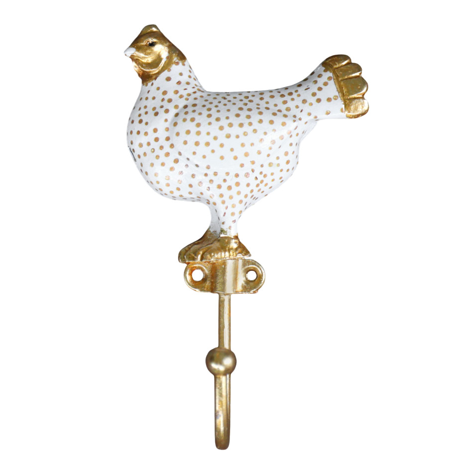 Front product view of the white and gold polka-dot Maisie chicken wall hook