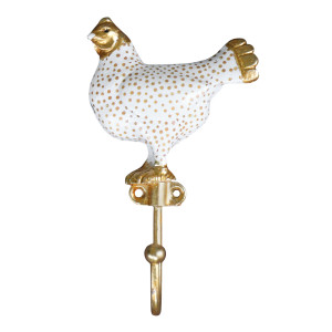 Front product view of the white and gold polka-dot Maisie chicken wall hook