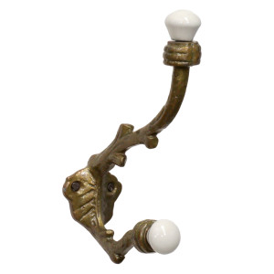 Cranbrook antique gold double wall hook with two white ceramic knobs