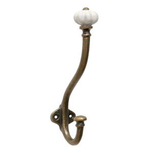 Kenton antique gold double wall hook with a fluted white ceramic knob
