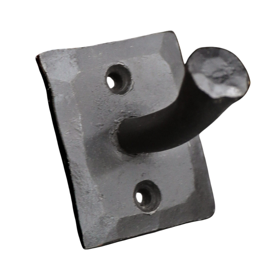 Angled product view of the Black Forge wall hook with square plate and two mounting holes