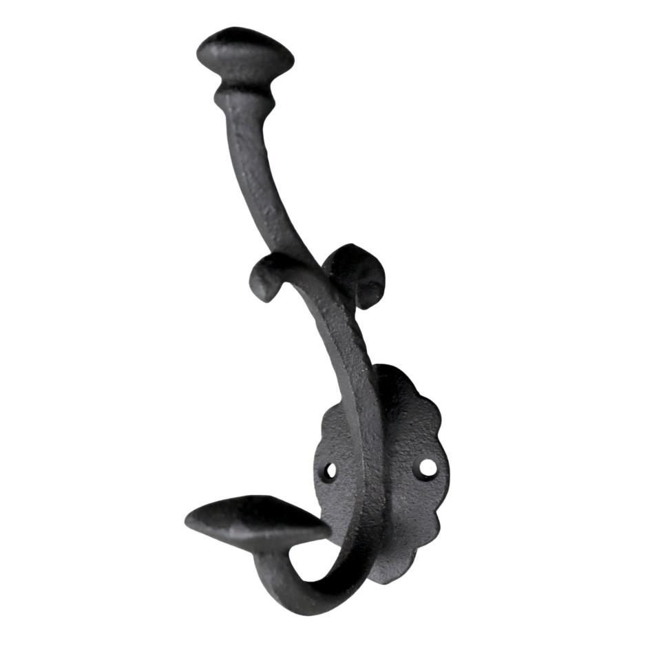 Angled product view of the Wincroft black cast iron double wall hook on a white background