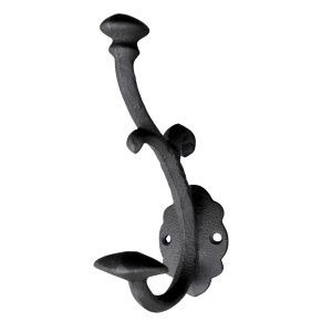 Angled product view of the Wincroft black cast iron double wall hook on a white background