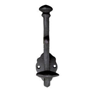 Front view of the tall black cast iron double hook showing its shaped mounting plate and two holes