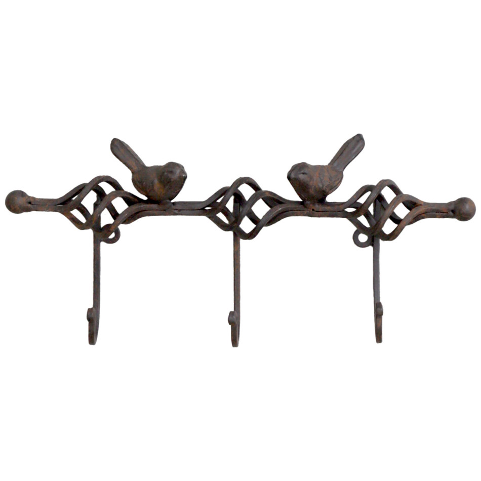 Cast iron key rack with two perched birds, twisted detailing and three hooks on a white background
