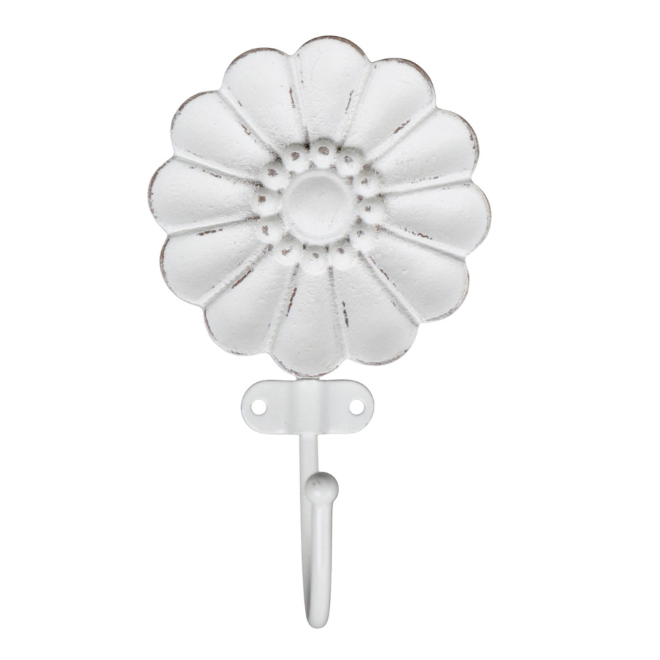 Front view of the Camilla white wooden flower wall hook with distressed petal detailing