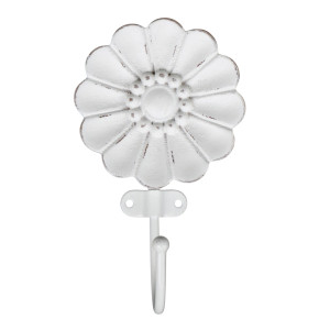Front view of the Camilla white wooden flower wall hook with distressed petal detailing