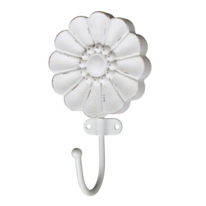Angled view of the distressed white flower wall hook showing its curved metal hook