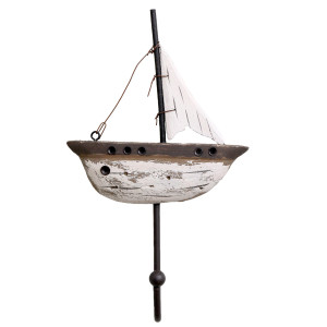 Regatta yacht wall hook with distressed white hull, sail, wire rigging and dark metal hook