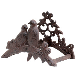 Angled view of Pettistree cast iron bird hose holder showing projecting supports and wall-mounting backplate