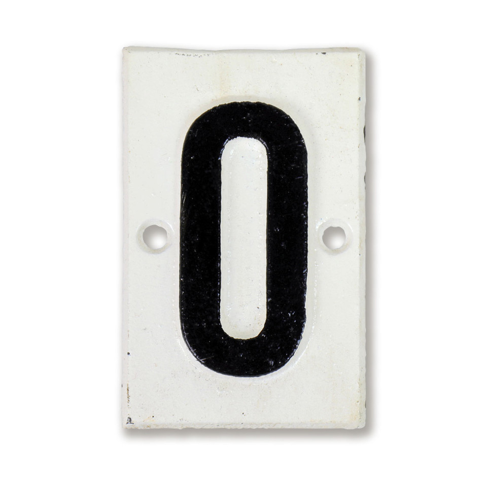 White cast iron Lambeth house number plaque with black numeral 0 and two mounting holes