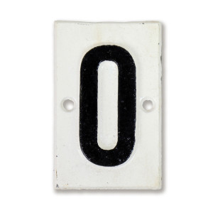 White cast iron Lambeth house number plaque with black numeral 0 and two mounting holes
