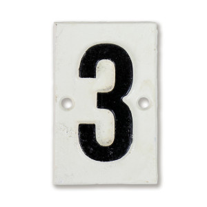 White cast iron Lambeth house number plaque with black numeral 3 and two mounting holes