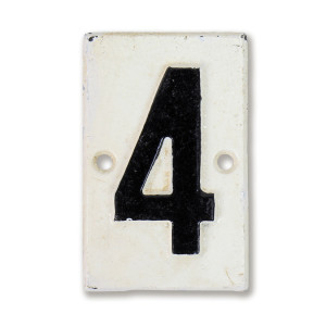 White cast iron Lambeth house number plaque with black numeral 4 and two mounting holes