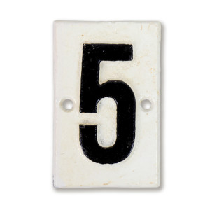 White cast iron Lambeth house number plaque with black numeral 5 and two mounting holes